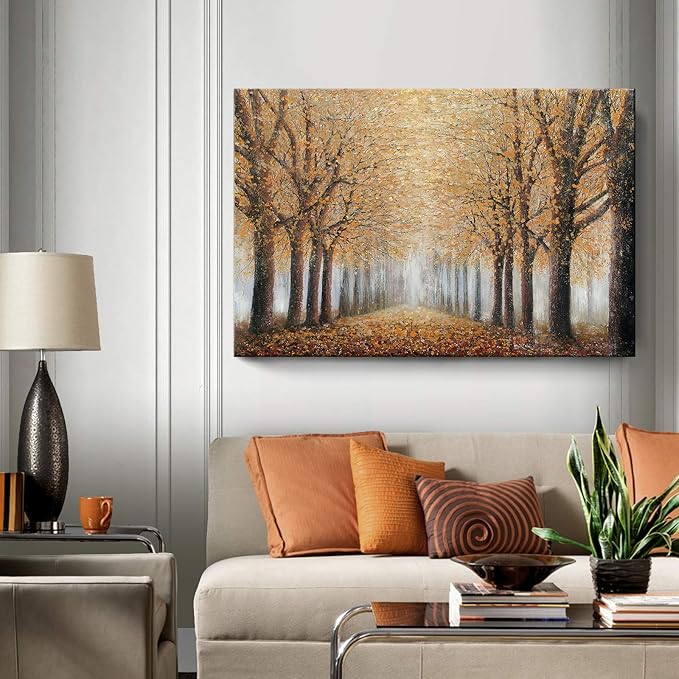 Large Tree Wall Art for Living Room Hand-Painted Forest Oil Painting Framed Yellow Grove Artwork Autumn Landscape Canvas Picture for Living Room Bedroom Home Decorations Wall Decor Large 48"x32"-Ruum Studio Home
