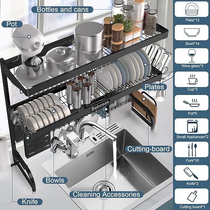 Over The Sink Dish Drying Rack,3 Tier Adjustable Length (25.5'' to 37.4'') Full Stainless Steel Large Storage Kitchen Dish Rack,for Kitchen Counter Expandable Multifunctional Organizers,Black-Ruum Studio Home