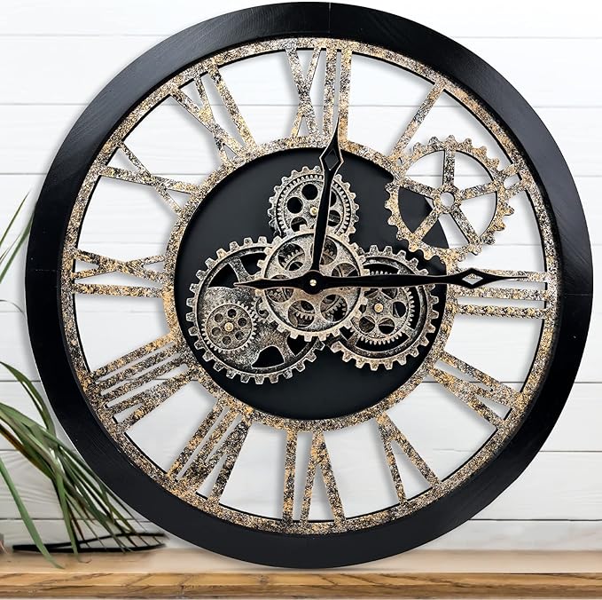 The B-Style Large 24 inch Moving Gear Wall Clock Oversized Vintage Farmhouse Wall Clocks for Living Room Decor Rustic Industrial Wood Clock (Black and Bronze)-Ruum Studio Home