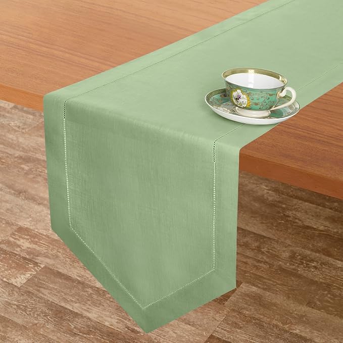 D'Moksha Homes Sage Green Linen Table Runner 120 Inches Long - 100% Pure Linen Diamond Table Runner 14 x 120 Inch for Dining, Fall and Halloween - Machine Washable-Ruum Studio Home