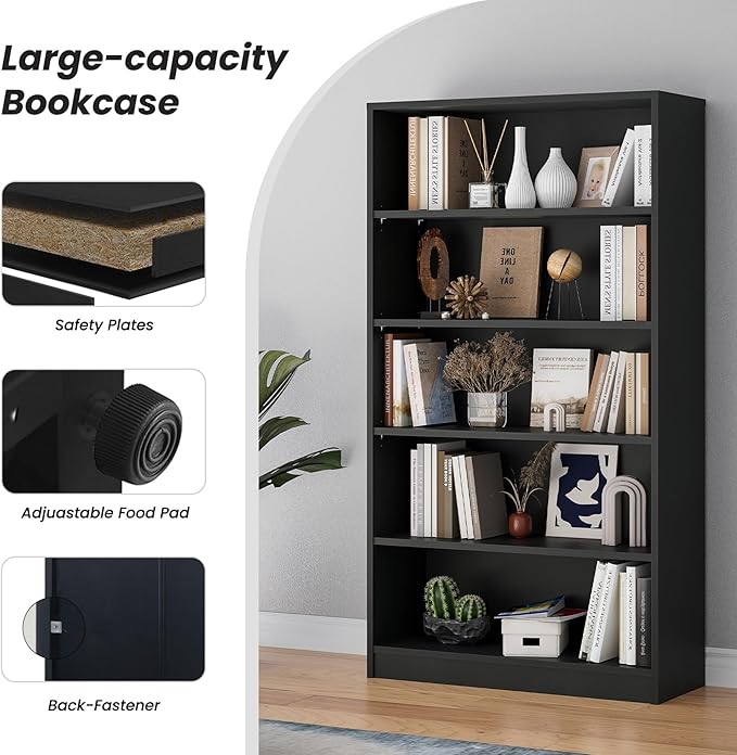 Bookshelf, Open Modern Bookshelf, 5 Shelf Bookcase with Freestanding Display Storage, Wooden Book Shelf for Bedroom, Living Room, Dinning Room, Office, 60 Inch, Black-Ruum Studio Home