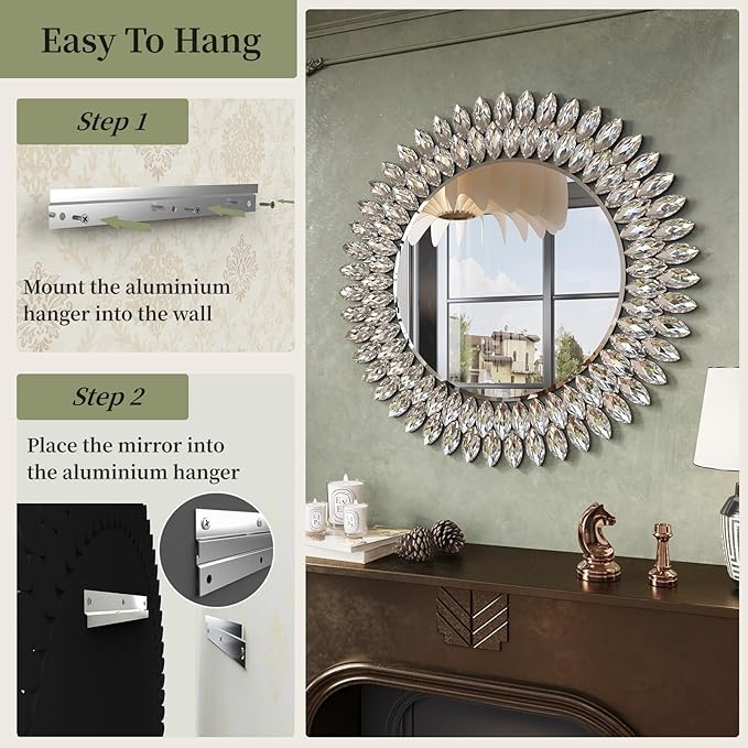 Kelly Miller Round Jeweled Mirror for Wall Decor, 26 in Modern Decorative Wall Mirror with Luxury Diamonds Beveled Vanity Mirror for Bedroom Dresser, Living Room Table, Bathroom, Hallway, Entryway-Ruum Studio Home