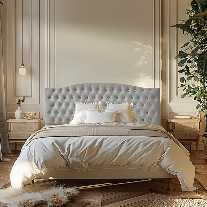 Velvet Upholstered Headboard King/Cal King Size Latest Model Wall Mount, Bed Frame Mount, Featuring High-Density Sponge Padding, Luxury Texture Easy Assembly and Style-Light Gray-Ruum Studio Home