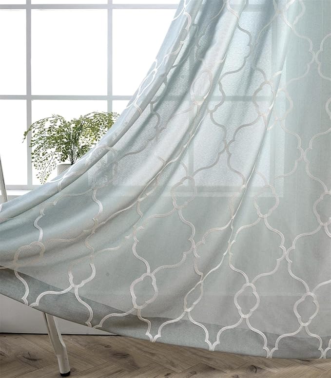 MIUCO Moroccan Embroidery Semi Sheer Curtains Faux Linen Grommet Curtains for Living Room 52 x 84 Inch 2 Panels Set, Sea Foam-Ruum Studio Home