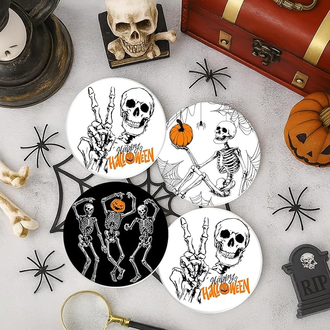 Coaster for Drinks Set of 6, Happy Fall Absorbent Round Ceramic Stone Mat, with Cork Base and Metal Holder-Ruum Studio Home