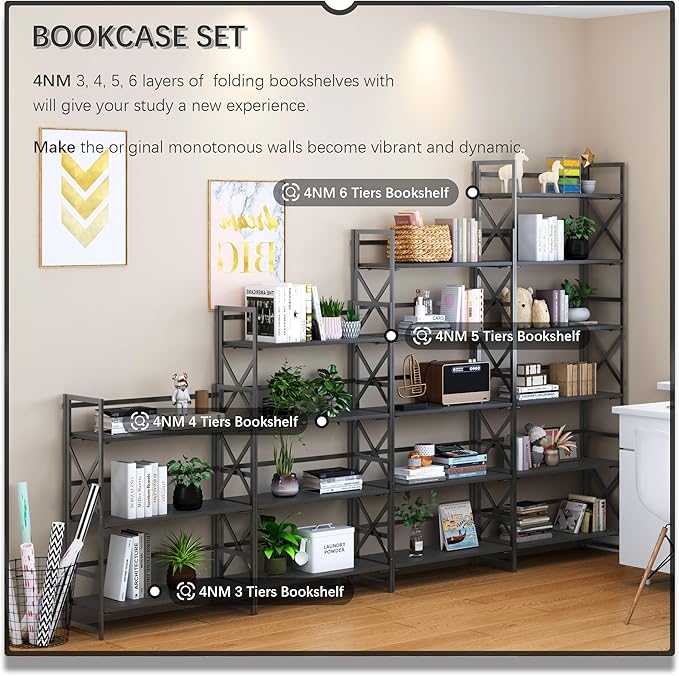 4NM 6 Tiers No Assembly Book Shelves, 61.8" H Folding Bookshelf Bookcase Open Industrial Foldable Shelves for Bedroom, Living Room, Home Office - All Black-Ruum Studio Home