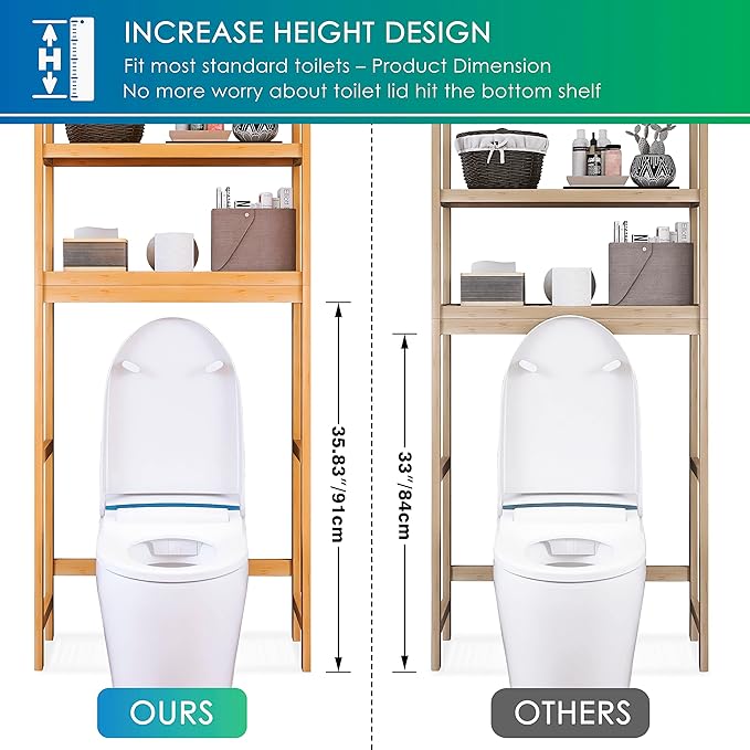 SMIBUY Bathroom Storage Shelf, Bamboo Over-The-Toilet Organizer Rack, Freestanding Toilet Space Saver with 3-Tier Adjustable Shelves (Natural)-Ruum Studio Home