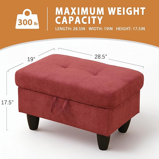 Ottoman Rectangular Storage Ottoman Bench, Flannel Footrest Stool Footstool with Lid for Living Room, Bedroom, Entryway, Red, 28.5"x19"x17.5"-Ruum Studio Home