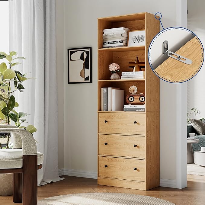 71" Tall Bookshelf with Storage, Bookcase with Drawers, Farmhouse Wooden Corner Book Shelves, Mid Century Modern Book Shelf Wall Standing Home Decor Furniture for Living Room, Bedroom, Office, Kitchen-Ruum Studio Home