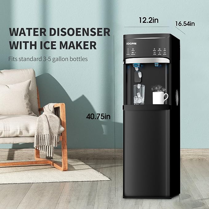 Self Cleaning Hot and Cold Bottom Load Water Cooler Dispenser with Ice Maker for 5 Gallon 3 Temperature Settings 22lbs Daily Capacity Black-Ruum Studio Home