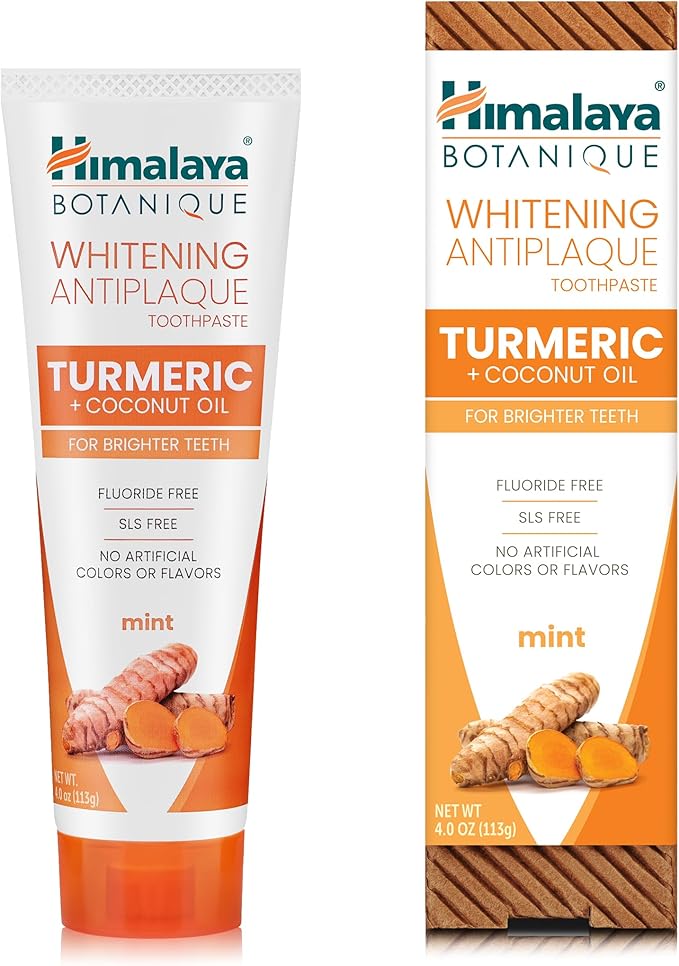 Himalaya Botanique Turmeric & Coconut Oil Whitening Antiplaque Herbal Toothpaste, Whitens Teeth, Fluoride Free, No Artificial Flavors, SLS Free, Vegan, Cruelty Free, Foaming, Mint Flavor, 4 Oz, 2 Pack-Ruum Studio Home