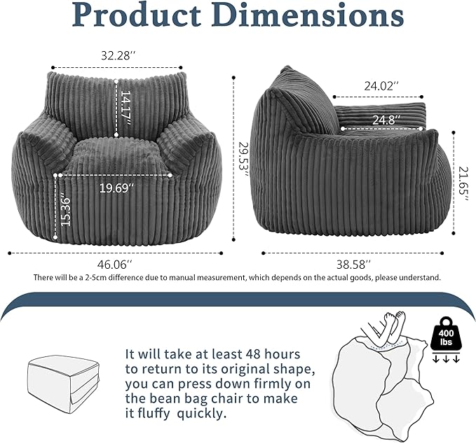 Giant Plush Bean Bag Chair for Adults with Armrests - Oversized Comfy Grey Beanbag Lounge Lazy Floor Sofa Accent Chair for Living Room, Bedroom & Dorm, Cozy Fluffy Single Cloud Mini Couch-Ruum Studio Home