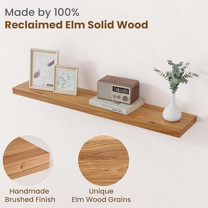 Floating Shelves for Wall Decor, 8" Deep Rustic Solid Elm Wood Floating Shelves Wall Mounted, Wall Shelves with Invisible Bracket for Living Room Bathroom Bedroom Kitchen, 40 Inch Set of 1, Natural-Ruum Studio Home