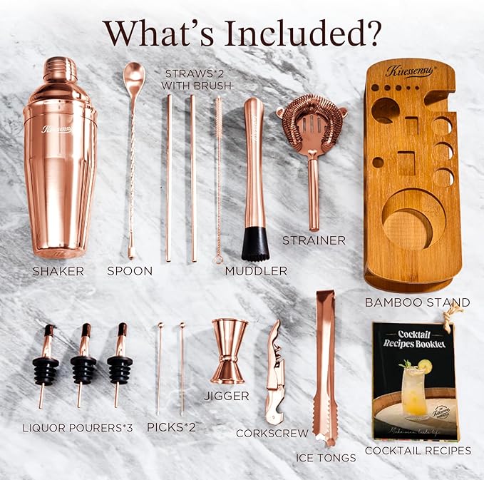 KITESSENSU Cocktail Shaker Set Bartender Kit with Stand - Drink Mixer Bar Set with All Essential Bar Accessory Tools - Martini Shaker Jigger Strainer Mixer Spoon Muddler Liquor Pourers - Rose Gold-Ruum Studio Home