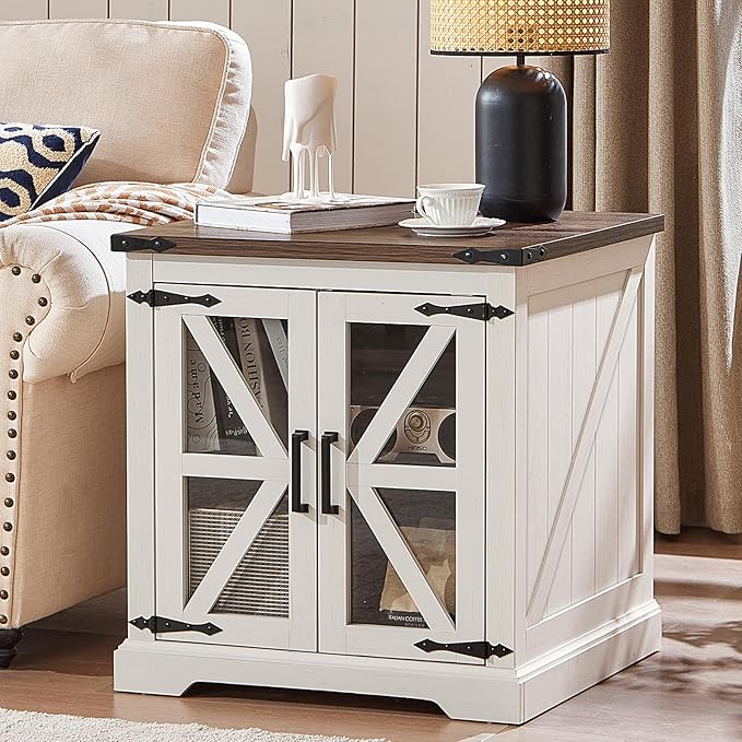 24" End Table with Charging Station, Farmhouse Night Stand with Glass Barn Door, White Nightstands with Adjustable Storage Shelf, Large Wood Square Bed Side Table for Living Room,Bedroom-Ruum Studio Home