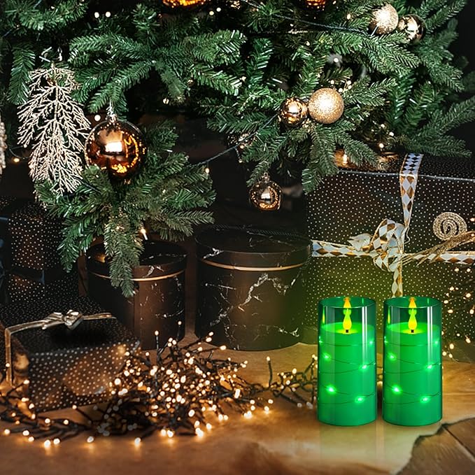 NURADA Flickering Flameless Candles: Built-in Star String Acrylic Battery LED Pillar Candles Candles with Remote and Timer for Home Party Weddings Christmas Halloween Decor -Green 2 Pack-Ruum Studio Home