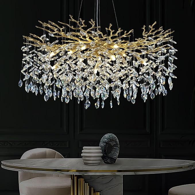 Modern Crystal Chandeliers for Dining Room Over Table, 40" Round Gold Tree Branche Chandelier, Large Crystal Chandelier for Living Room,High Ceiling,Foyer,Entryway,Kitchen Island,Staircase-Ruum Studio Home