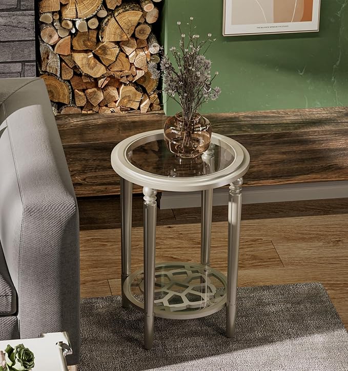 COSIEST Round Side Table, End Table Glass with Wood Frame, Champagne Gold Bedside Table with Modern Style for Living Room, Balcony, Bedroom-Ruum Studio Home