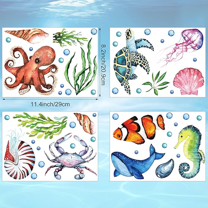 52 Pcs Ocean Fish Wall Decals Glow in The Dark Under The Sea Wall Decals Sea Animals Stickers Removable Waterproof Peel and Stick for Kids Bathroom Watercolor Ocean Decor(Funny Style)-Ruum Studio Home