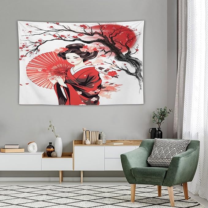 Japanese Red Geisha Tapestry Asian Cherry Blossom Traditional Kimono Folk Tapestries Home Decor for Living Room Bedroom Apartment Farmhouse Dorm 90"x60"-Ruum Studio Home