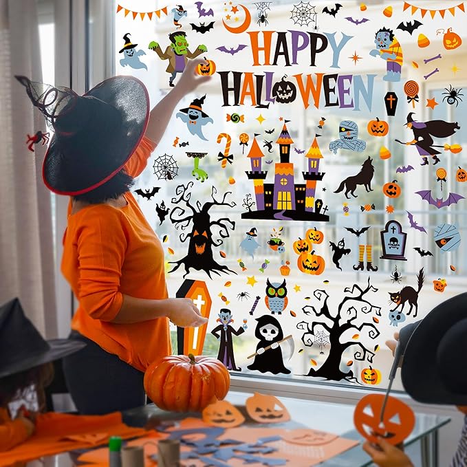 115PCS Halloween Window Clings, 9 Sheets Halloween Decorations, Cute Witch Tree Zombie Ghost Patterns PVC Window Stickers for Treat or Trick Party Favors Decal Supplies Decor Accessories-Ruum Studio Home