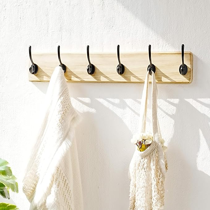Dseap Coat Rack Wall: 24" Long, Patented, Heavy-Duty, 6-Double-Hooks Wooden Wall Mounted Coat Rack Coat Hanger Hook Rail for Winter Coats Hat Jacket Clothing, Light Brown-Ruum Studio Home