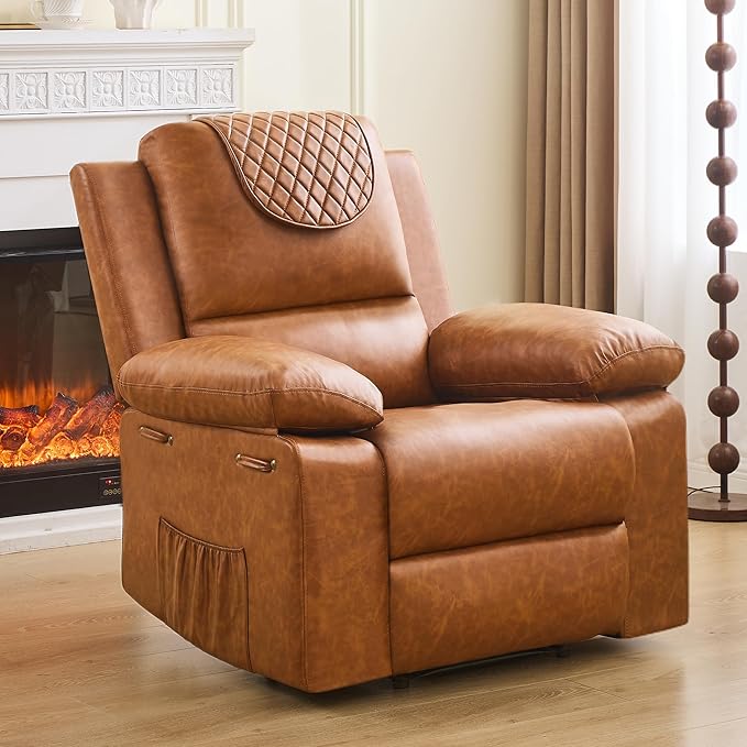 Recliner Chair with Electric Massage Adjustable Footrest & Heat, Manual Leather Recline for Adults Living Room Remote Control (Chestnut Brown)-Ruum Studio Home