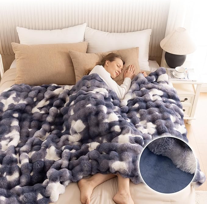 Cozy Faux Fur Throw Blanket for Bed-Warm Fuzzy Throw Blanket, Soft Plush Thick Bubble Blankets for Bedroom and Living Room, Furry Luxury Blanket, 90 x 108,Tie-Dye Blue-Ruum Studio Home