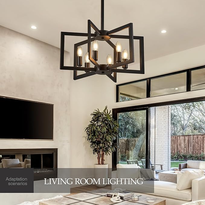 Modern Farmhouse Black Chandeliers for Dining Room, 6-Light Industrial Metal Chandeliers Geometric Pendant Lights Kitchen Island for Entryway Stairway Foyer Hallway-Ruum Studio Home