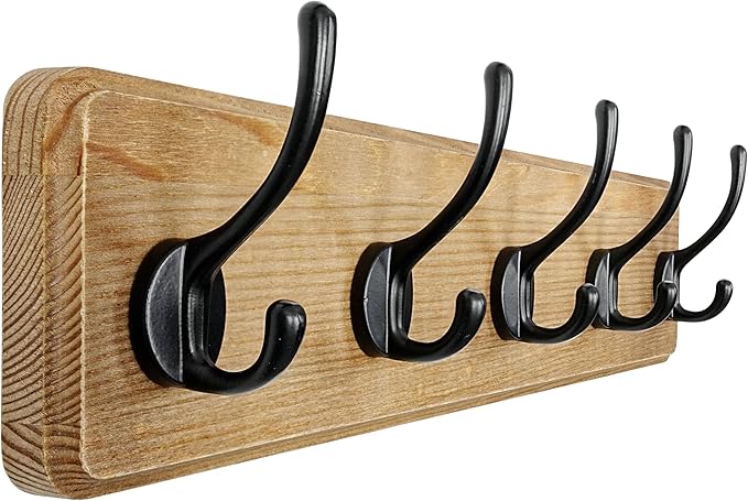 Dseap Coat Rack Wall: Patented, Heavy-Duty, 17.4" Long 5-Double-Hooks Wooden Wall Mounted Coat Rack Coat Hanger Hook Rail for Winter Coats Hat Jacket Clothing, Weathered Brown-Ruum Studio Home