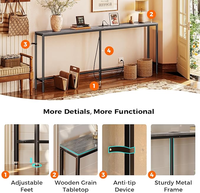 SUPERJARE 78.7 Inch Console Table with Outlet, Sofa Table with Charging Station, Narrow Hallway Entryway Table, Behind Couch Table, for Living Room, Charcoal Gray-Ruum Studio Home