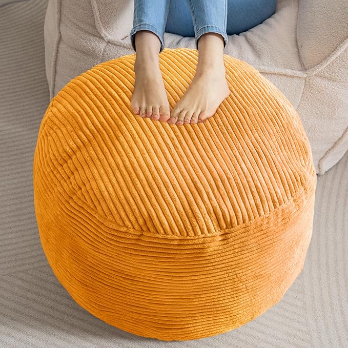 HIGOGOGO Round Stuffed Pouf Ottoman, Corduroy Poufs with Foam Chunk Filling, Furry and Fluffy Pouf Foot Stool Storage Ottoman, 26 X 18 Floor Poufs Foot Rest for Living Room, Orange-Ruum Studio Home