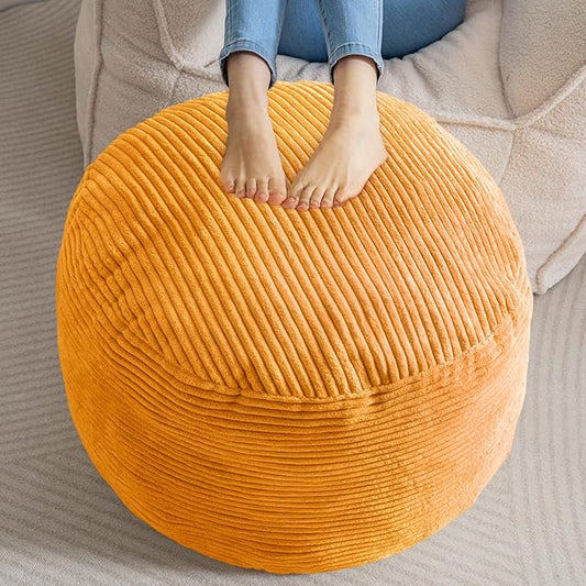 HIGOGOGO Round Stuffed Pouf Ottoman, Corduroy Poufs with Foam Chunk Filling, Furry and Fluffy Pouf Foot Stool Storage Ottoman, 26 X 18 Floor Poufs Foot Rest for Living Room, Orange-Ruum Studio Home