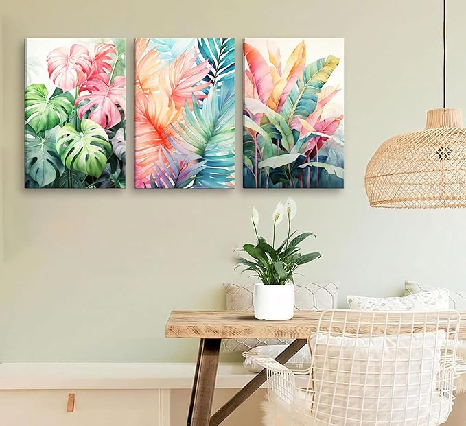 3pcs Framed Tropical Botanical Canvas Wall Art Monstera Leaves Posters Botanical Prints Bohemian style Wall Decor Pictures Palm Leaves Paintings for Bathroom living room Decoration-Ruum Studio Home