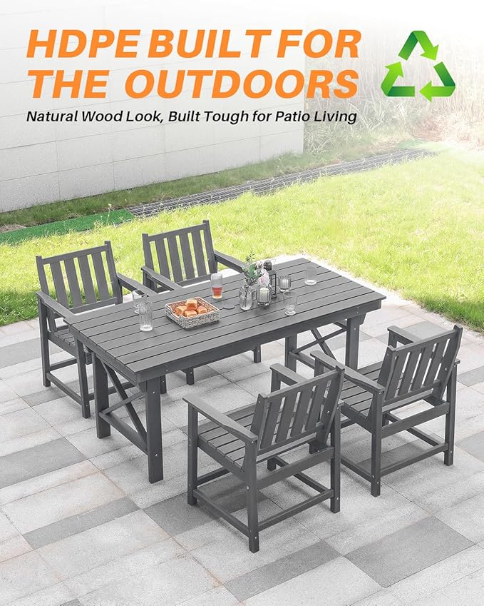 HDPE Outdoor Dining Table, 66.9” Rectangle Patio Dining Table for 6, All-Weather HDPE Outdoor Table with 2.2” Umbrella Hole, HDPE Patio Furniture for Deck, Backyard, Garden, Pool, Smoke Gray-Ruum Studio Home