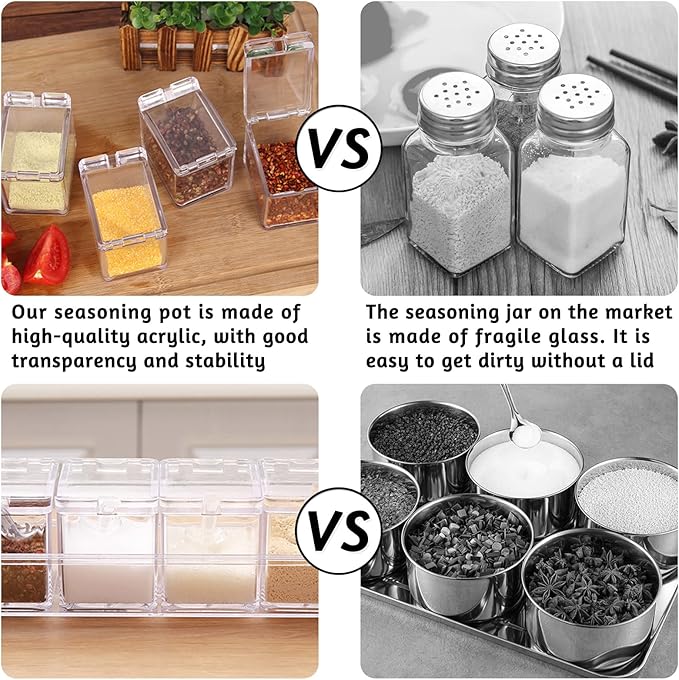 4 PCS Seasoning Box, Clear Spice Containers with Spoon, Acrylic Toppings Containers with Lids, Kitchen Multi Spice Box for Salt, Sugar, Pepper, Garlic Powder-Ruum Studio Home