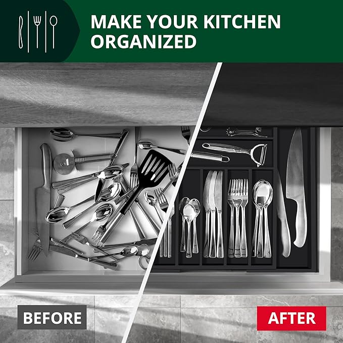 ROYAL CRAFT WOOD Luxury Bamboo Kitchen Drawer Organizer - Silverware Organizer - Utensil Holder and Cutlery Tray with Grooved Drawer Dividers for Flatware and Kitchen Utensils (9 Slot, Black)-Ruum Studio Home