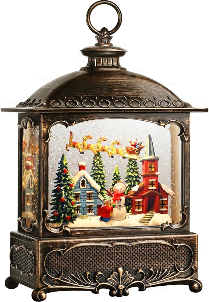 Christmas Snow Globe Lantern Christmas Decorations Gifts Snowman Santa Claus Church Village Scene Musical Glitter Snowfall USB/Battery Timer 12 inch-Ruum Studio Home