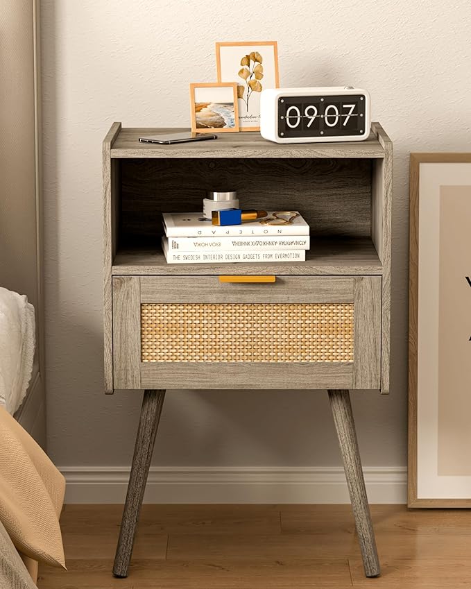 Rattan Nightstand,Modern Bedside Table with Storage Drawer and Open Wood Shelf, for Living Room, Bedroom and Small Spaces, Accent Night Stand with Solid Wood Legs, Easy Assembly(Grey Oak)-Ruum Studio Home