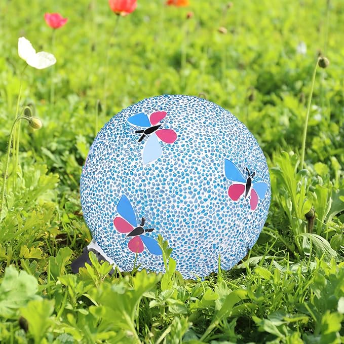 Gazing Ball 8 Inch Butterfly Glass Mosaic Garden Globe Outdoor Gazing Globe Yard Ornament for Garden Yard Home Lawn Outdoor Decoration Gift for Women (Not Solar Powered)-Ruum Studio Home