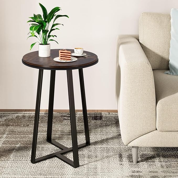 Side Table, Round End Table Vintage Brown Color MDF Top, Modern Coffee End Table for Living Room, Bedroom, Nightstand with Black Steel Frame for Small Spaces-Ruum Studio Home
