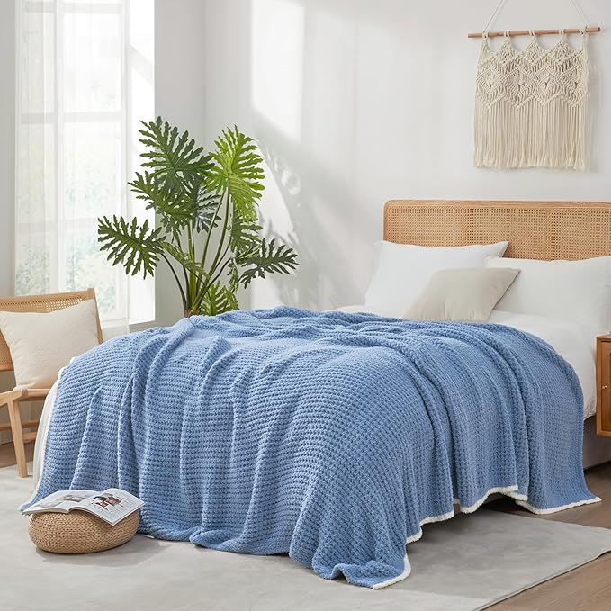 Snuggle Sac Blue Waffle Bedding Blankets Queen Size 90x90 inches, Reversible Microfiber Fluffy Fuzzy Soft Throw Cozy Knit Blanket for Women Mothers Birthday Gifts-Ruum Studio Home