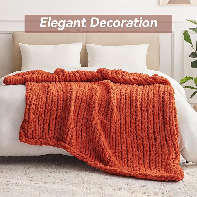 Chunky Knit Throw Blanket, 50''*60'' Fall Throw Blanket Knitted Chenille Yarn for Bed Couch, Handmade Orange Crochet Big Thick Blanket, Machine Washable Cute Comfy Blankets for Home Decor-Ruum Studio Home