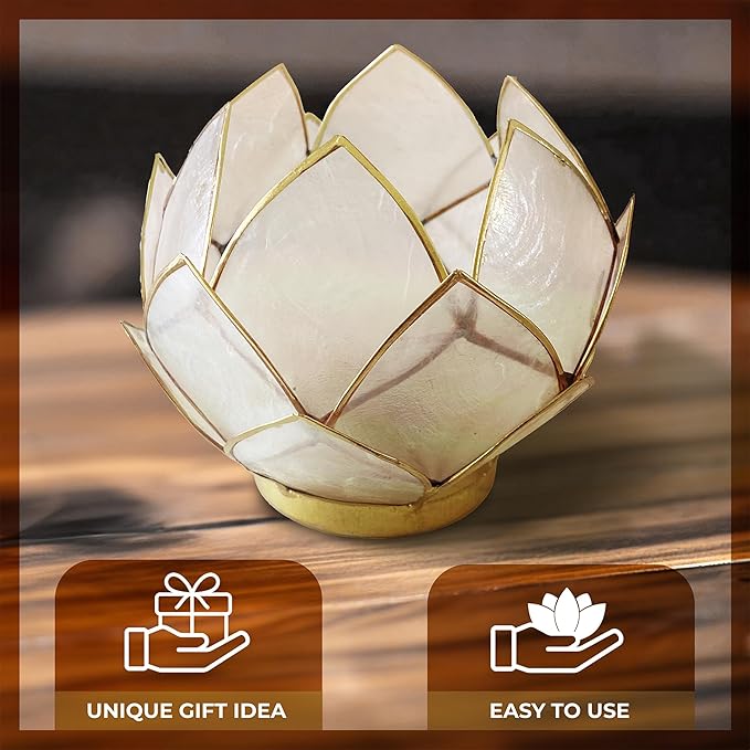 Blooming Lotus Capiz Shell Tealight Candle Holder, Handcrafted Decorative Tea Light Candleholder with Translucent Flower Petals for Ambient Illumination and Natural Elegance, Natural-Ruum Studio Home