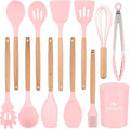 Silicone Cooking Utensils Set, Premium Beech Wood Handle Kitchen Gadgets Utensil Set, Non-Stick Kitchen Utensils Spatula, Tongs, Turner, Whisk, Brush, Spoon, BPA FREE, 446°F Resistant (Pink)-Ruum Studio Home