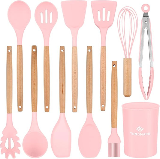 Silicone Cooking Utensils Set, Premium Beech Wood Handle Kitchen Gadgets Utensil Set, Non-Stick Kitchen Utensils Spatula, Tongs, Turner, Whisk, Brush, Spoon, BPA FREE, 446°F Resistant (Pink)-Ruum Studio Home