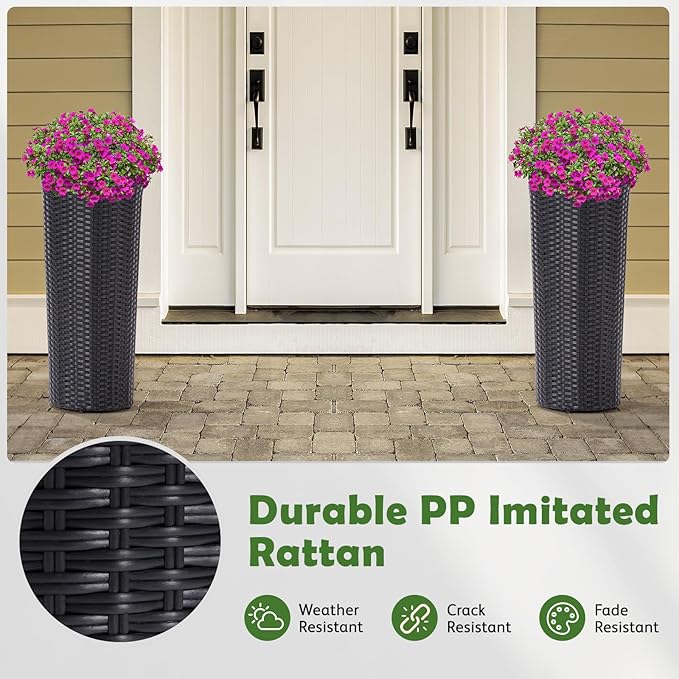 IDZO All Weather Wicker Planters for Outdoor Plants Set of 2, 24 inch Tall Black Planter for Front Porch, Patio, Balcony, Indoor Usage - Round Rattan Flower Pots-Ruum Studio Home