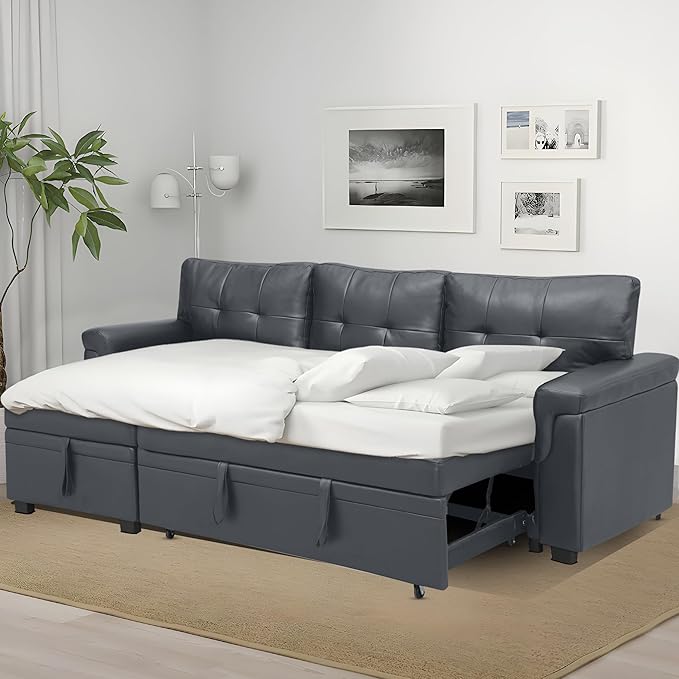 Naomi Home Transform Any Space: Sleeper Sectional Sofa with Convertible Sofa Bed & Inviting Chaise. Find Tranquil Comfort with Stress-Relieving Design & Durable Cushions - Dark Gray/Air Leather-Ruum Studio Home