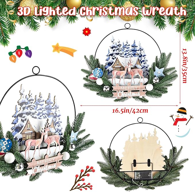 Light up Christmas Wreaths for Front Door, Welcome Metal Wooden Door Wreath Decor Hanging Sign, 30 LED Lighted Wall Decor Battery Operated for Halloween Indoor Outdoor (Deer)-Ruum Studio Home