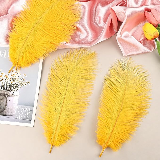 THARAHT Golden Yellow Ostrich Feathers 24pcs Natural Bulk 8-10Inch 20cm-25cm for Crafts Wedding Party Centerpieces Halloween and Home Decoration Feathers-Ruum Studio Home